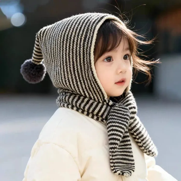 儿童帽子条纹围巾帽一体秋冬季女宝宝百搭保暖洋气毛线针织护耳帽