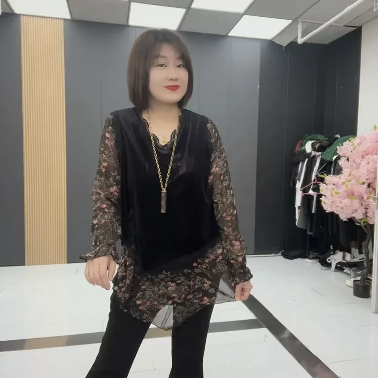 FE3150加肥加大宽松显瘦遮肉丝绒拼接雪纺假两件长袖打底衫