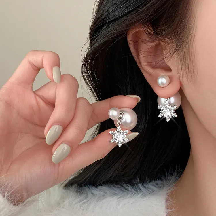合金仿珍珠耳饰 925银针珍珠雪花耳钉小众设计两戴耳环女气质轻奢