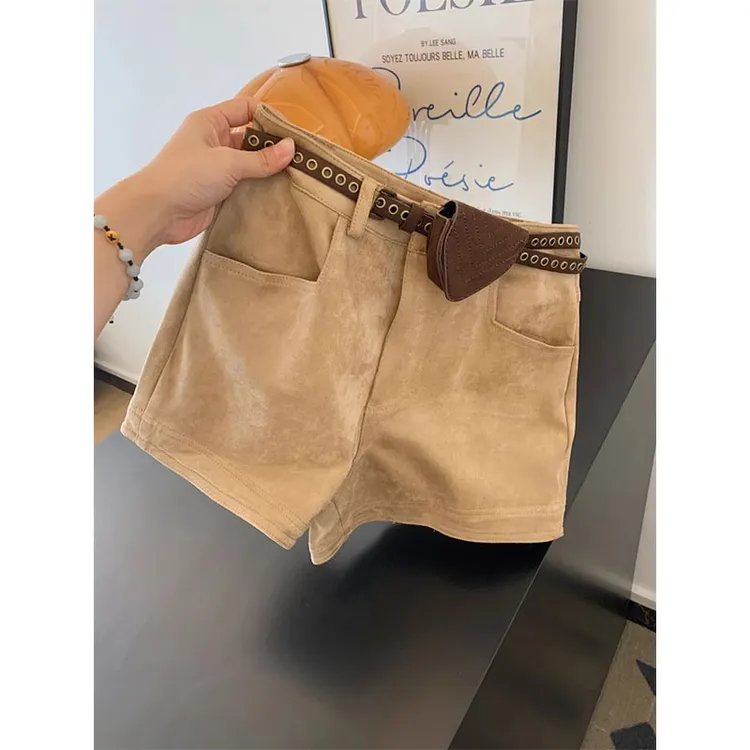 固质配腰带仿麂皮绒休闲宽松小个子a字短裤女外穿显瘦裤子高级感