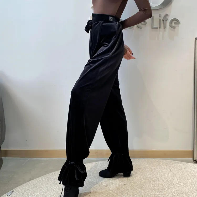 GR2044黑色中腰丝绒可束脚可直筒裤后腰松紧摩登舞国标舞