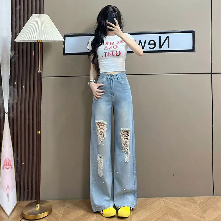 破洞阔腿牛仔裤女2025年新款夏季薄款超火宽松爆款潮流烫钻直筒裤