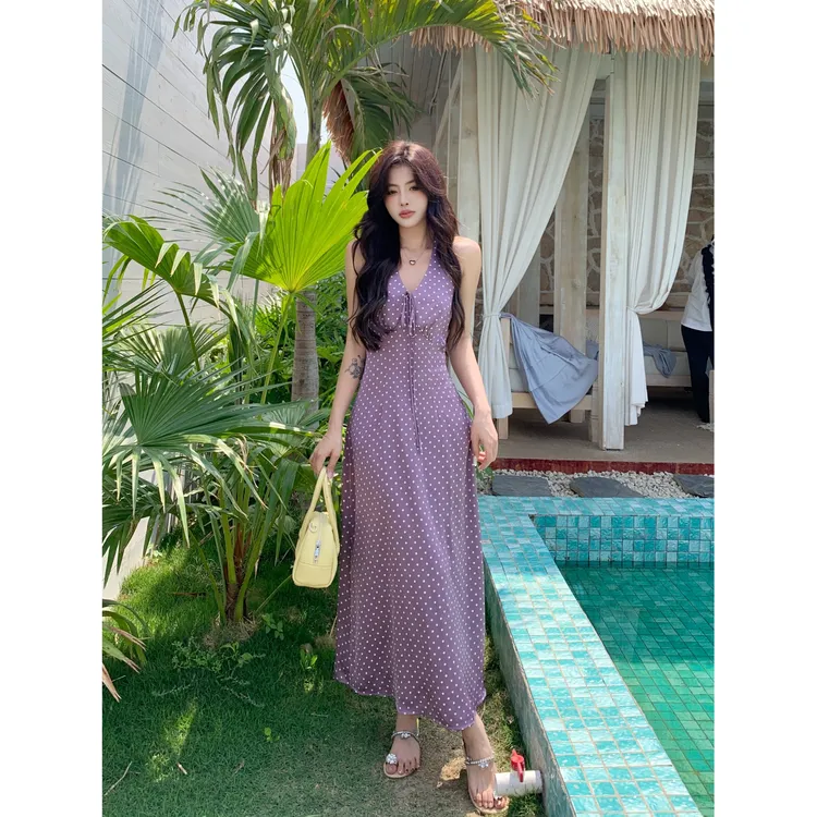 复古风大码显瘦无袖波点挂脖露背聚酯纤维连衣裙夏日宽松A字裙