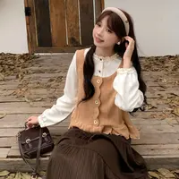 慕兔韩版温柔感拼接假两件长袖衬衫2025秋季新款圆领木耳边上衣女