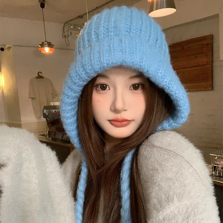 蓝色巴拉克拉法帽女秋冬季保暖护耳针织毛线帽显脸小防寒包头帽子