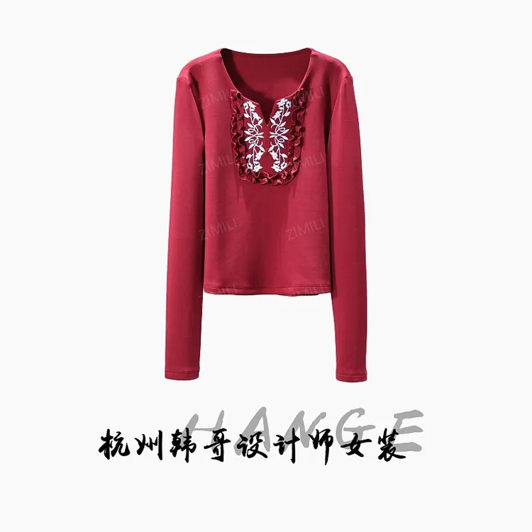 【韩哥女装】2025早秋木耳花边拼接安哥拉红V领亲肤打底上衣9902