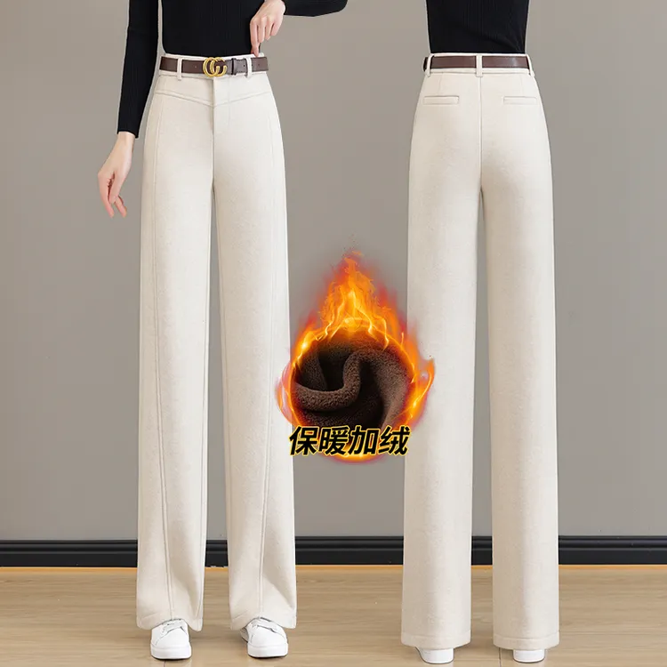 羊毛呢窄版加绒阔腿裤子女2025春秋冬季新款高腰休闲显瘦直筒裤