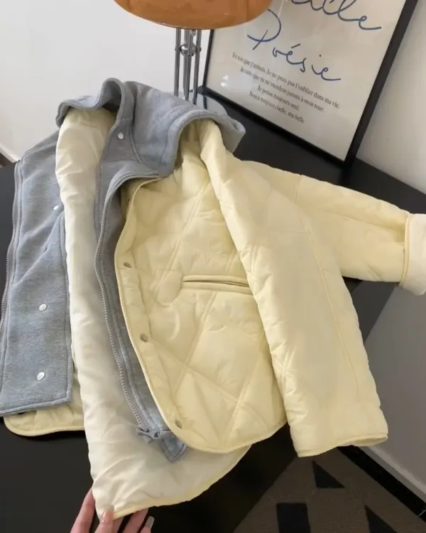 假两件连帽黄色棉服棉衣轻薄夹棉外套不臃肿棉袄女2025新款小个子