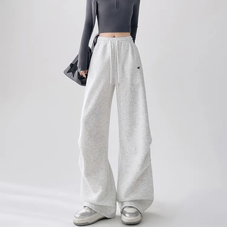 美式白灰色刺绣阔腿裤女秋2025年新款高腰阔腿宽松休闲两穿运动裤