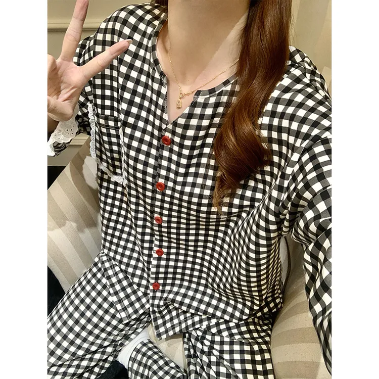 芯语婷春秋季新款黑格花边袖女士薄款睡衣长袖家居服两件套可外穿