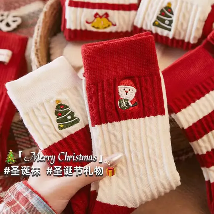 秋冬季圣诞袜子女棉质袜礼盒圣诞礼物圣诞节情侣刺绣中筒袜男冬天