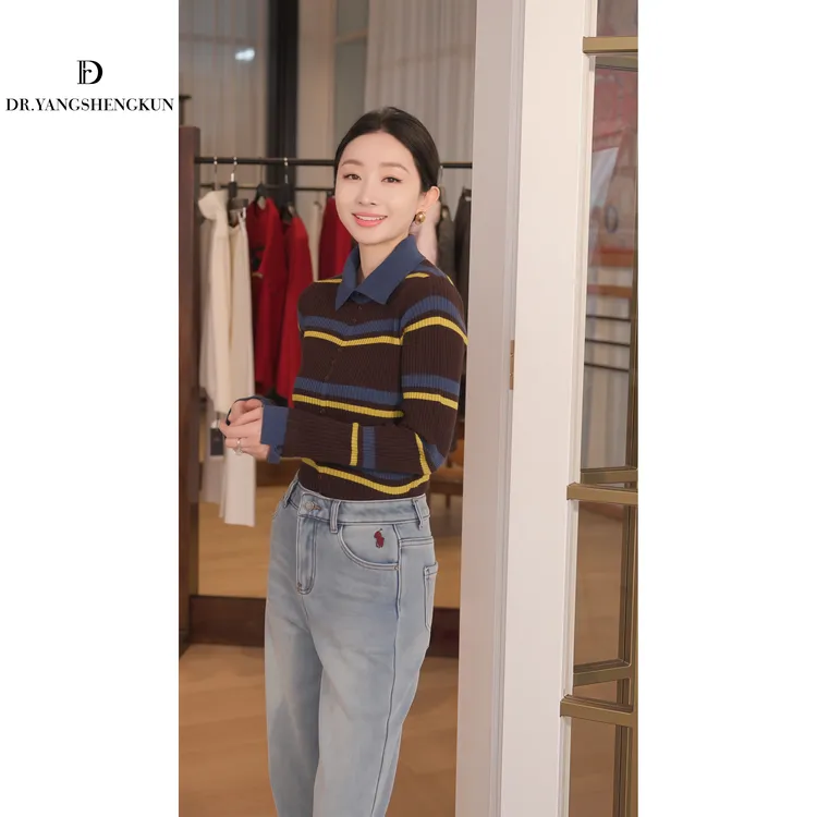 杨圣坤2025冬季新品羊毛羊绒混纺条纹针织衫W25120767