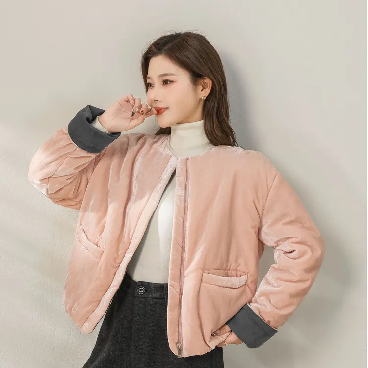 燕苹秋冬季新款静奢风保暖御寒厚款圆领光面丝绒宽松外套ZQY25-90