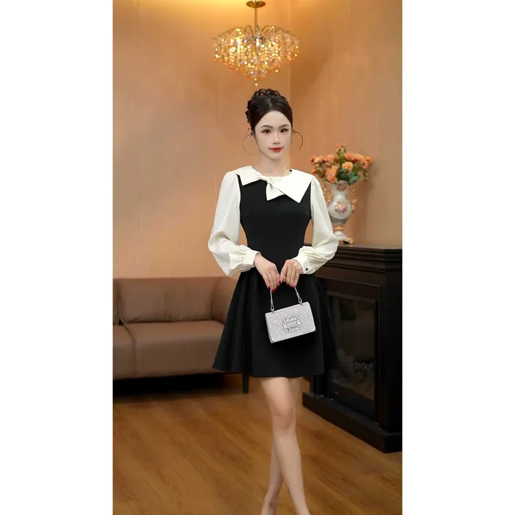 6095【水乡船曲】法式赫本风假两件黑色连衣裙千金风收腰裙子