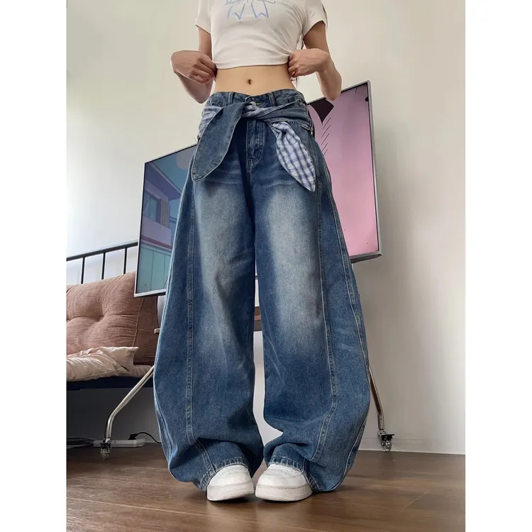 美式高街设计感可拆卸兔耳弯刀牛仔裤女春秋款宽松显瘦垂感阔腿裤