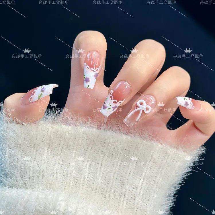 【陌上花开】手绘的紫色小花象征着美好的春天纯手工穿戴甲