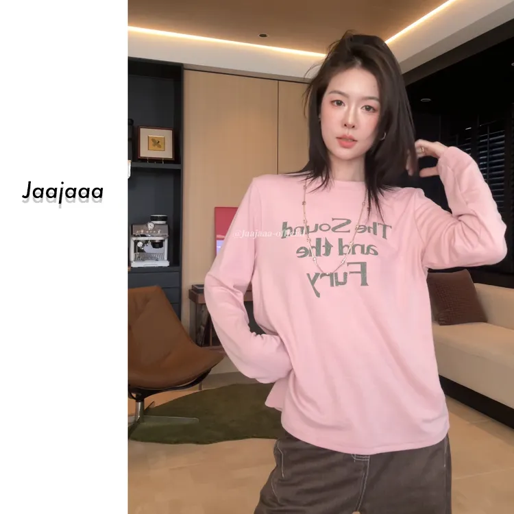 Jaajaaa玫瑰之恋 复古高级感字母印花慵懒宽松百搭长袖T恤/FGH