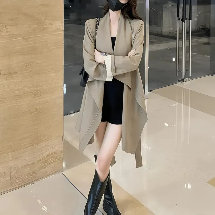 法式气质时尚风衣女2024春秋新品大翻领系带收腰中长款英伦风外套