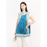 矝羽轩JINYU矜羽【凌风】中长款蓝色拼接刺绣马甲新中式国风复古