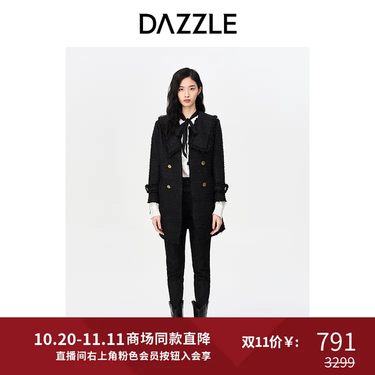 DAZZLE地素款中长翻领粗花呢毛呢衣2E4G2021A