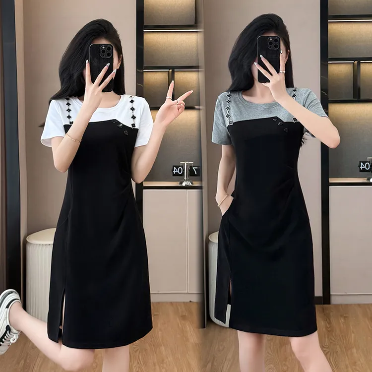 2025夏季新款大码女装时尚假两件拼接小个子显瘦气质连衣裙