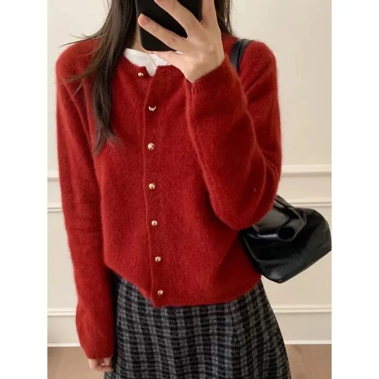 【月亮金豆开衫】复古红糯米绒宽松小个子针织开衫女毛衣