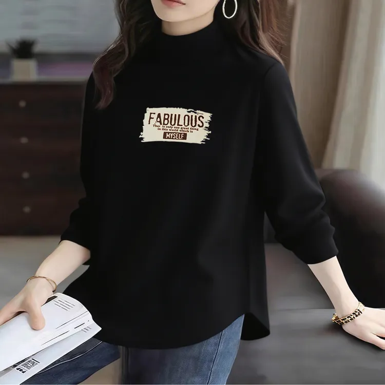 半高领打底衫女秋冬季加厚德绒大码宽松百搭显瘦遮肚内搭长袖上衣