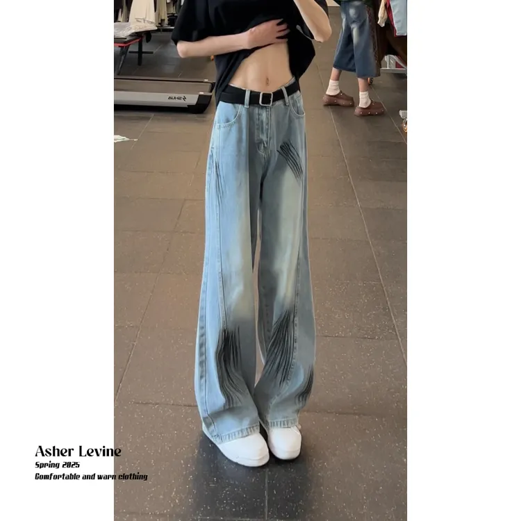 美式弯刀牛仔裤男2025新款cleanfit线条宽松小众设计感阔腿长裤子