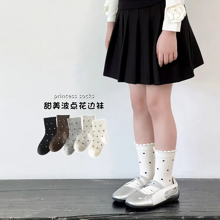 女童袜子春秋季厚款儿童无骨中筒袜韩系ins波点女宝宝花边公主袜