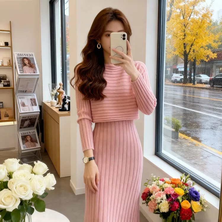 韩国淑女风加厚针织毛衣连衣裙两件套女秋冬OL高级设计感小众套装