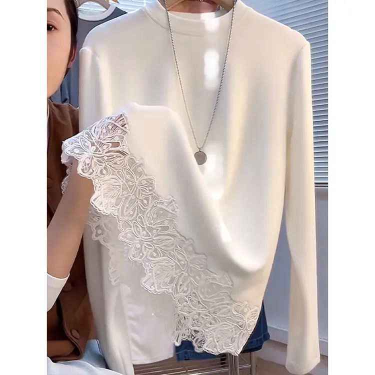 设计感蕾丝拼接德绒t恤女2025冬季新款内搭打底衫千金风小众上衣