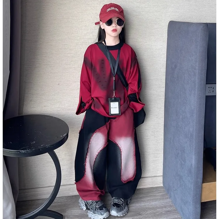 女童韩版喷色工艺休闲卫衣洋气休闲宽松牛仔裤2025春秋两件套潮酷