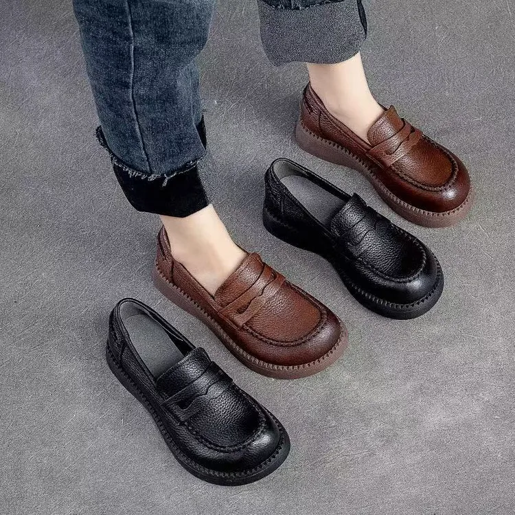 6108中口新款一脚蹬秋季日常女鞋圆头复古百搭休闲小皮鞋