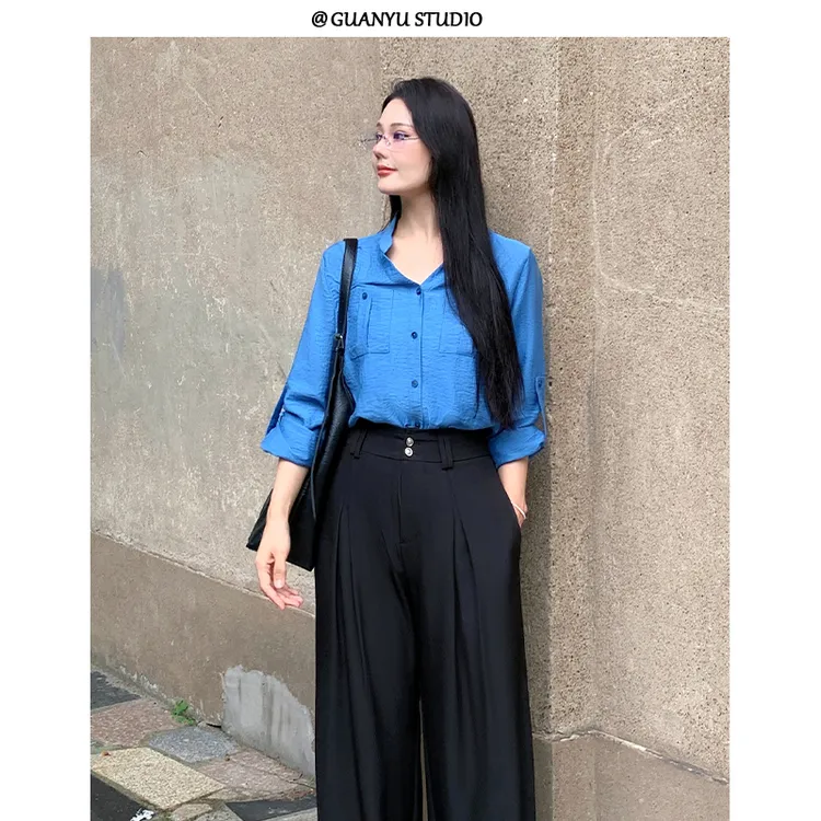 【松茶情书】蛋妹观与大码女装微胖mm春秋V领长袖衬衫上衣DM30609