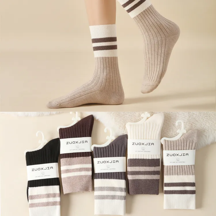 美拉德色羊毛袜子女中筒袜秋冬新款百搭学院风拼色堆堆袜保暖加厚