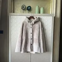 【南法时光】羊皮毛配羊皮外套纯色连帽开衫时尚百搭女士气质