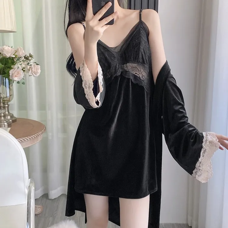 金丝绒性感秋冬雪花绒带胸垫大码新款吊带蕾丝睡裙纯欲风吊带睡衣