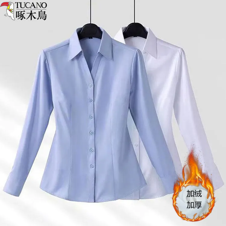 啄木鸟秋冬加绒职业衬衫长袖工作服新款正装衬衣外穿加厚保暖上衣