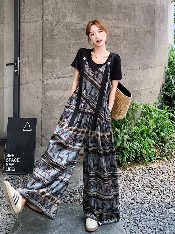【象鹿背带裤】小众民族风显瘦背带裤女夏季新款吊带连体阔腿裤