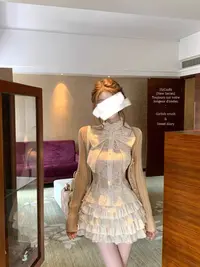 蝶结无袖衬衫上衣千层蕾丝短裙开衫外套套装