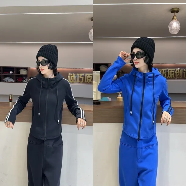 【迷巧】时髦新款连帽双拉链长袖百搭加厚绒卫衣套装