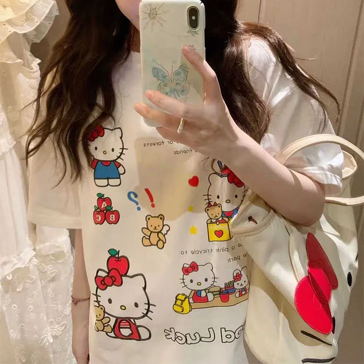 甜美卡通kt印花短袖T恤女圆领宽松百搭休闲上衣夏季小众设计