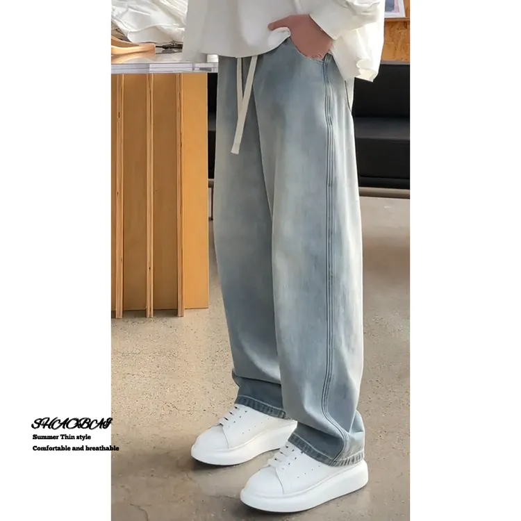 浅色牛仔裤男夏季薄款宽松百搭阔腿裤子男款潮牌直筒水洗休闲裤子