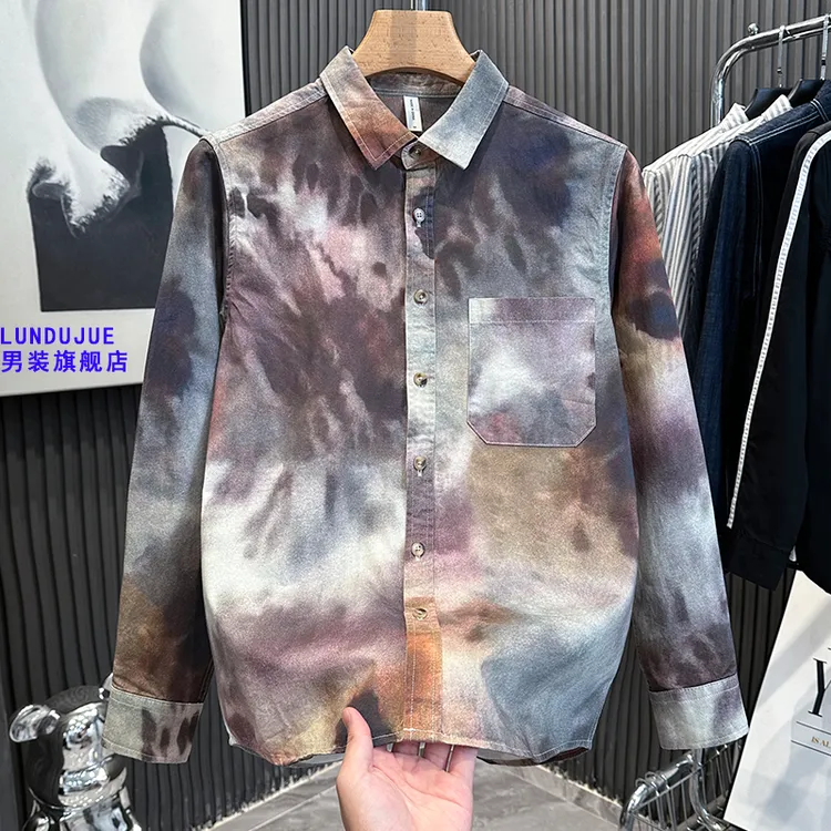 春秋季轻奢潮流渐变帅气纯棉满印花长袖衬衫男装宽松休闲衬衣外套