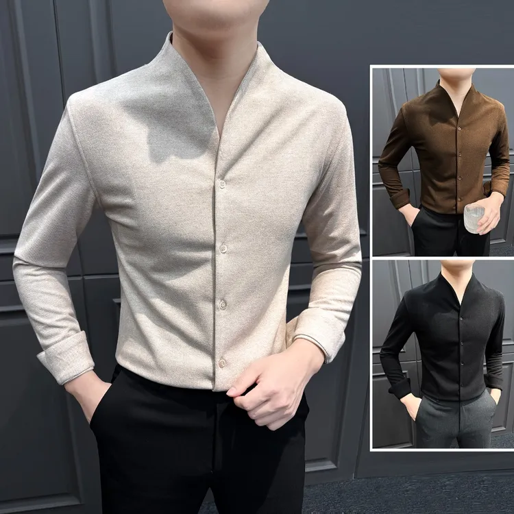 厚款V领长袖衬衫男款秋冬时尚潮流休闲男装立领痞帅纯色男士衬衣