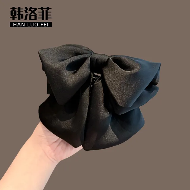 轻薄缎面立体蝴蝶结发抓夹三层飘带后脑勺发夹黑色鲨鱼夹马尾夹女