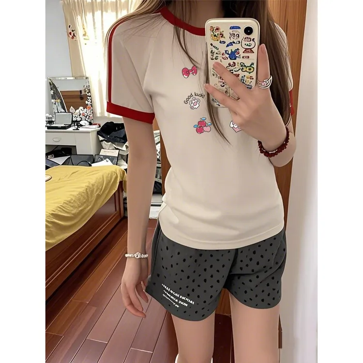 2025夏季韩版辣妹风正肩修身短袖杏色洋气时尚百搭显瘦T恤女ins潮