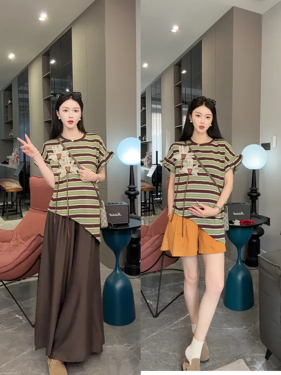 孕妇装2025春夏季新款休闲洋气条纹上衣百搭气质显瘦托腹短裤套装