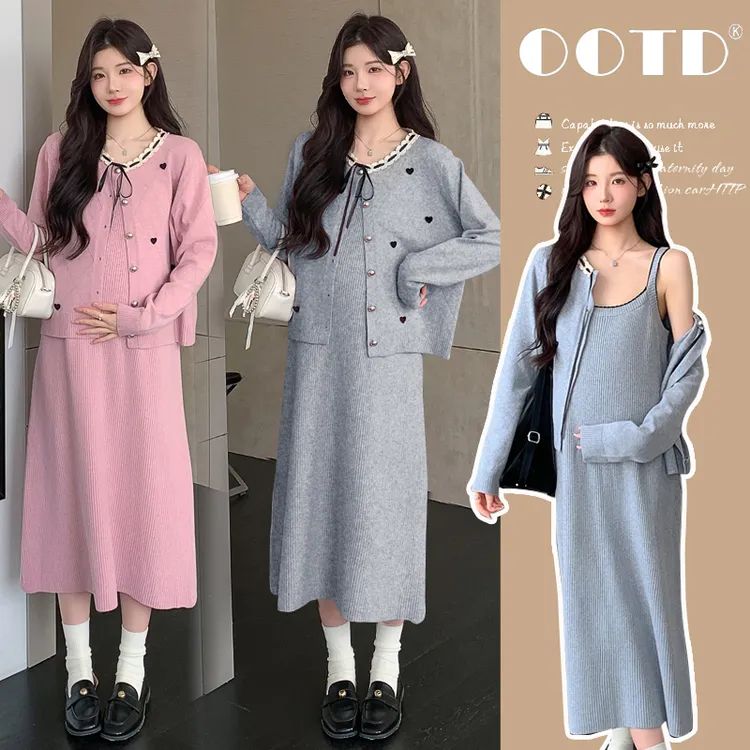 孕妇装秋装套装2025新款宽松大码孕妇长袖上衣开衫秋季吊带连衣裙