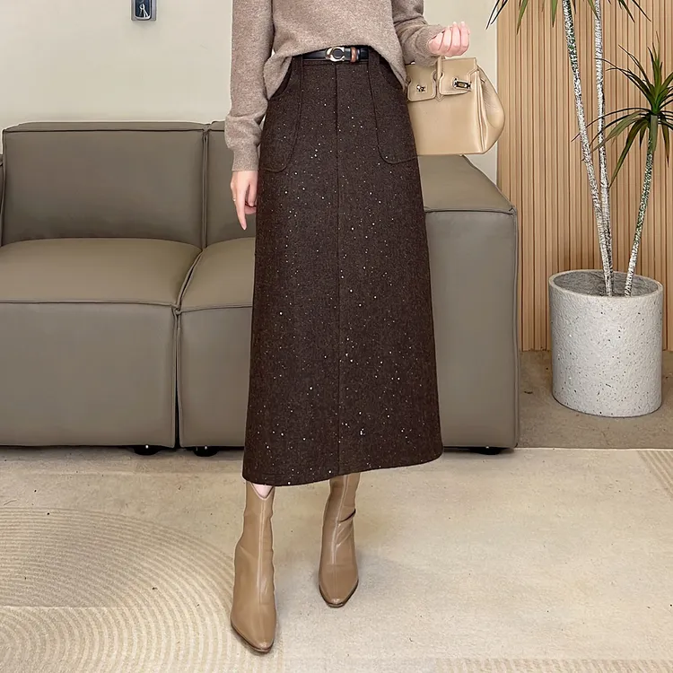 美拉德亮片羊毛呢半身裙女冬季2025新款气质显瘦口袋高腰a字长裙